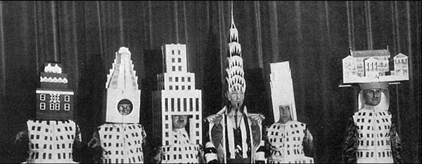 Famous architects attended a 1930 party dressed as their building. Most recognizable is William Van Alen (fourth from left) due to his iconic Chrysler Building top.