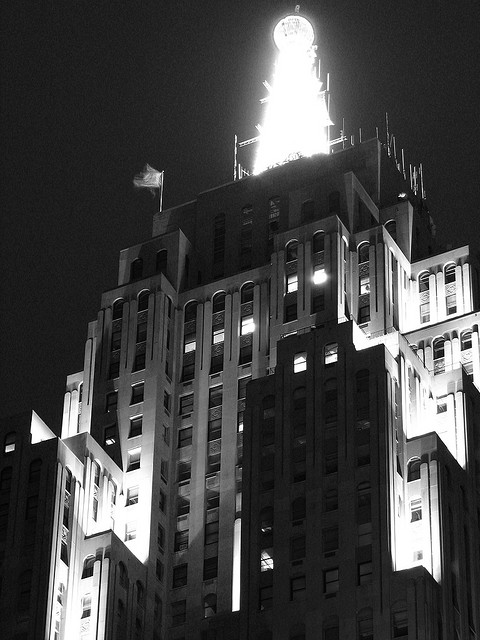 The Penobscot Building lit at night.